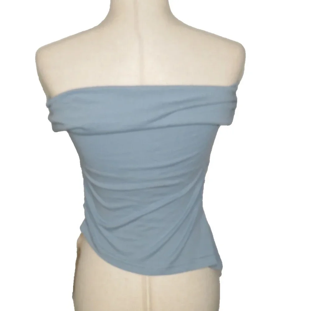 OGL Blue Linen Blend Side Ruched Off Shoulder Asymmetric Hem Brami Top Sz Large - Picture 4 of 12